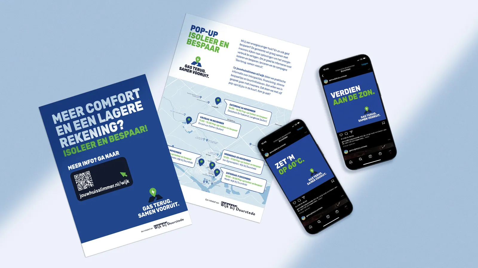 Overzicht van verschillende mock-ups: twee flyers en twee social posts